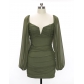 Dress temperament green V-neck mesh skirt French high waist skirt DAK1064