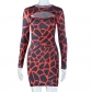 Round neck hollowed out digital printing pullover hip wrap dress JD298103