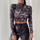 Abstract Print Long Sleeve Round Neck Street Personality Versatile Top M22TP596