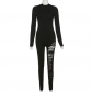Women's solid color long sleeve slim high waist hollow sports jumpsuit K22Q24213