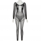 Sexy mesh perspective one-line neck hollow high-waisted trousers tight-fitting jumpsuit W22Q24214