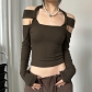Hanging neck long-sleeved T-shirt cut-out design slimming sexy hot girl bottom top T2B11062R
