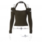 Hanging neck long-sleeved T-shirt cut-out design slimming sexy hot girl bottom top T2B11062R