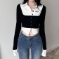 Women's short fashion color contrast fake two-piece single-breasted waistband slim long-sleeved T-shirt LQMKT31271