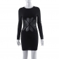 Women's plain casual patchwork mesh round neck high waist long sleeve slim short dress Q22DS609