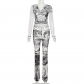 Fashion half-open collar long-sleeved screen printed trousers suit K22S23972