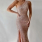 Pink split skirt single shoulder sequin dress DQ8833