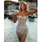 Breast wrapped prom skirt tassel pearl strip mini cocktail party sexy slim evening dress DQ80398