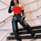 Sexy hollow-out hip lifting high waist tight button split imitation leather casual pants K22P23356