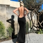 Fashionable sexy backless lace-up temperament long dress with bra and neck hanging dress D238047A