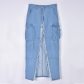 Fashion personality denim wash pocket split fringed skirt 9150DD