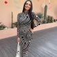 Fashion sexy mesh zebra print long-sleeved slim dress K22D25218