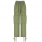 Loose large pocket zippered woven trousers with elastic waist drawcord hem casual pants P31403