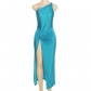 Women's solid color fashion temperament one-shoulder open back pleated split dress K22D25587