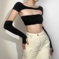 Women's sexy sleeve, one-line neck, hollowed-out chest wrap, open-waist T-shirt K22S25526