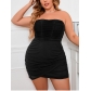 Fat Sister Large Women's Dress Mesh fishbone off-shoulder pleated buttock bra dress PLU5279A