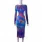 Printed long-sleeved open-back hollowed-out mesh pleated buttock dress Y22DS582