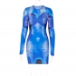 Fashion printing round neck long-sleeved body-fitting buttock dress D2B10958G