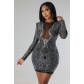 Fashion hip wrap skirt hollow-out long-sleeved nightclub hot diamond sexy celebrity party dress YM9305