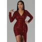 Hip wrap skirt with long sleeve decorative sexy deep V sequin dress YM9306