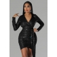 Hip wrap skirt with long sleeve decorative sexy deep V sequin dress YM9306