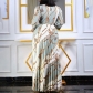 Long sleeve printed pleated lace Tongle long skirt large dress D211