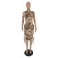 Pocket camouflage short-sleeved long skirt suit, solid color printing, high-elastic street two-piece set J10092