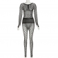 Sexy fishnet perspective hollow-out high-waisted tights suit W22S25467