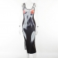 Sexy body print chest strap high split dress slim hot girl color contrast dress YJ22570