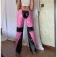 Fashion women's PU panel contrast low-waist zipper straight split pants KJ31021