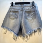 Perforated high waist rhinestone tassel chain slim straight denim shorts AE32305