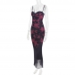 Printed suspender dress women's slim open backpack hip fishtail skirt long dress evening dress D1425