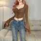 Women's solid color slimming navel exposed fashion square neck long-sleeved pleated T-shirt K22L25076