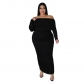 Large Women's Dress Off Shoulder Tight Pleated Long Sleeve Fat Women's Dress S0267