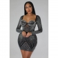 Fashion women's pure color mesh ironing long sleeve short skirt dress C6243