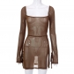 Mesh square neck long-sleeved slim wrap buttock split French dress Q22DS564-2