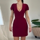 Sexy V-neck waist shows thin short sleeve dress temperament slimming casual color buttock skirt XY23036