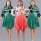 Round neck bow long-sleeved printed pleated dress JX090