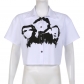 Fashion Trend Women's Abstract Face Print Polo Short Sleeve Button Loose Short Shirt KJ00613