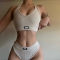 Solid Knitted Simple Personality V-Neck Pullover Ultra Short Tank Top High Waist briefs Bra Two Piece Set KJ31020