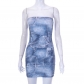 Denim Print Off Shoulder Street Casual Wrap Hip Dress L23DS050