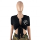 Double Cross Leather Embroidered Hollow Lace T-Shirt HR23021