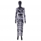 Mesh Print Open Umbilical Long Sleeve Top Slim Fit Long Dress Set L22ST208