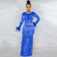 Fashion Nightclub Party Hot Diamond Women's Dress Mesh Perspective Long Sleeve Long Dress Dress X5605