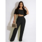 Women's pleated solid color off the shoulder wrap chest loose flared pants two-piece set A5339