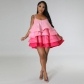 Women's Gradient Ruffle Cake Skirt Sling Sexy Dress M7798