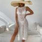 Vacation Sexy Solid Round Neck Sleeveless Breathable Knitted Long Split Dress Beach Sunscreen Cover CYBK4033