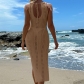 Vacation Sexy Solid Lace Neck Design Breathable Knitted Long Split Dress Beach Skirt CYBK4130