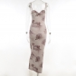 Strap Show Breast Flower Print Long Dress Temperament Slim Fit Waist Dress JY23103