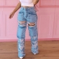Women's Fashion Pocket Panel Cutout Hole Beggar Style Street Casual Straight Barrel High Waist Jeans LR00131